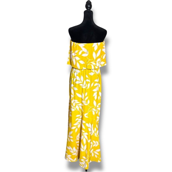 Tyche Bright Yellow with White Leaf Pattern Cinched Waist Strapless Maxi Dress - Picture 5 of 16